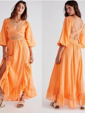 Free People Melon Orange X's And O's Gauze Lace-Trim Cutout Midi Dress - Sz XS